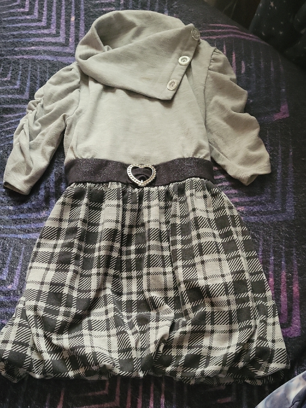 One Step Ahead Grey Knit Top Plaid Bubble Skirt Dress with Heart Buckle